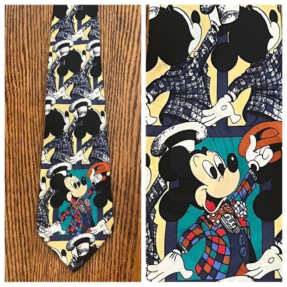 Vintage Disney Mickey Mouse Showtime Entertainment Tie Navy & Tan Silk - Picture 1 of 10